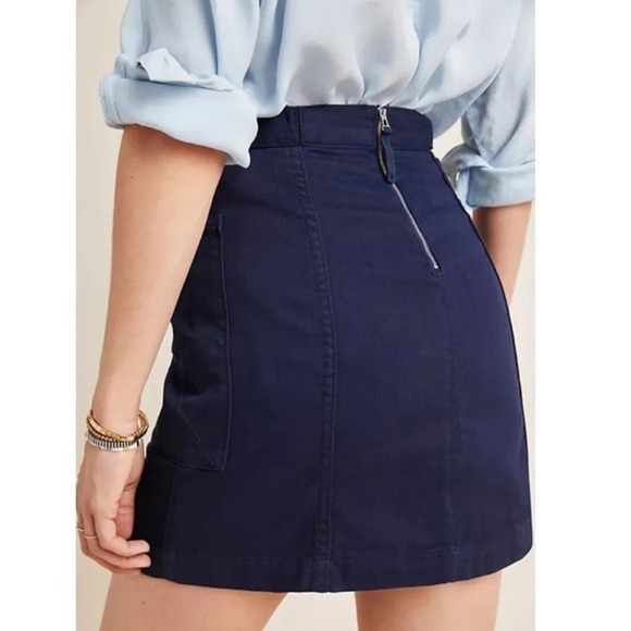 ANTHROPOLOGIE SZ 6 Pilcro Mina Navy A Line Skirt Utility Cargo Pockets Buckle - Picture 2 of 9
